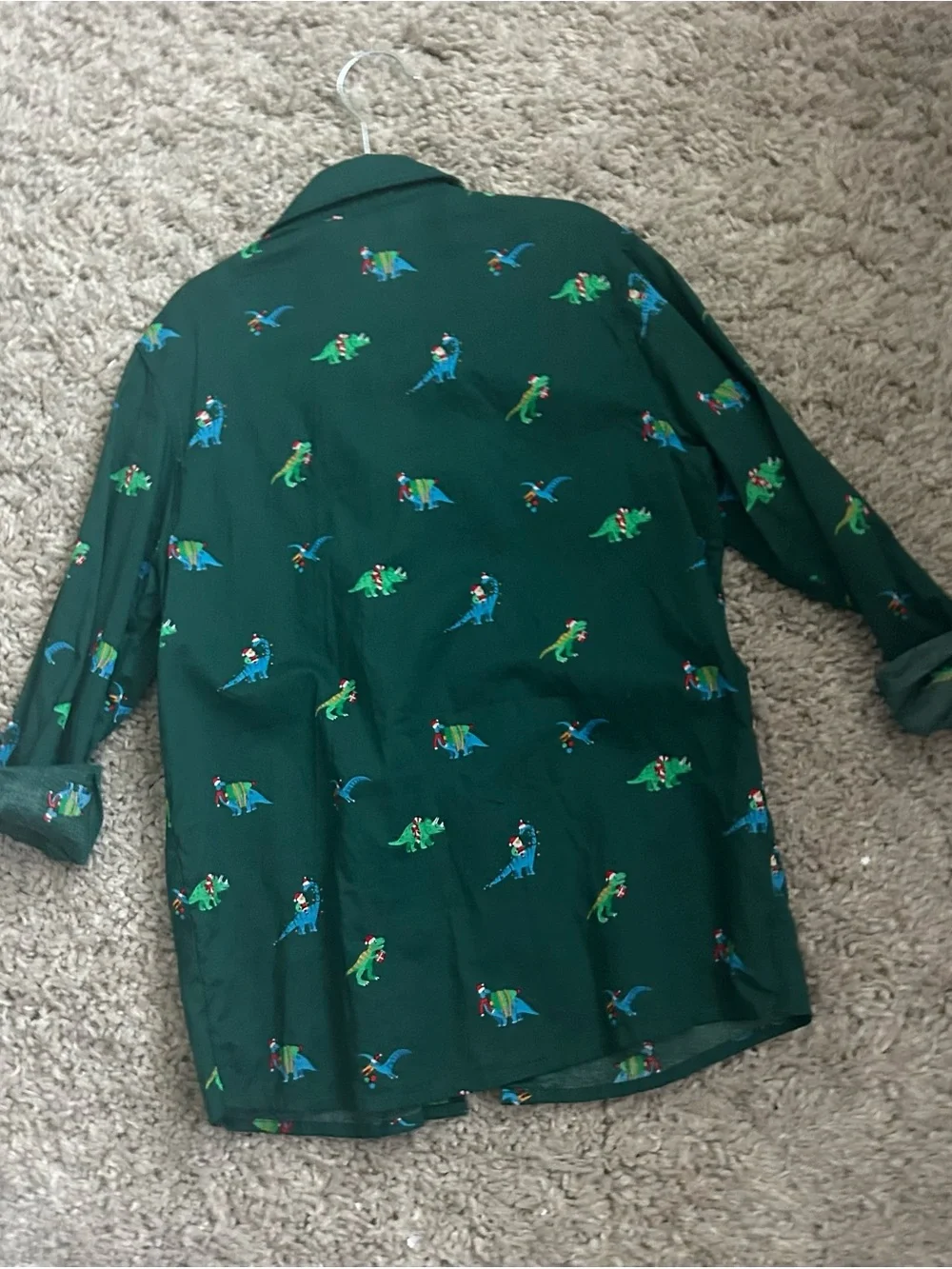H&M Dark Green Button-Down Shirt with Colorful Dinosaur Motif